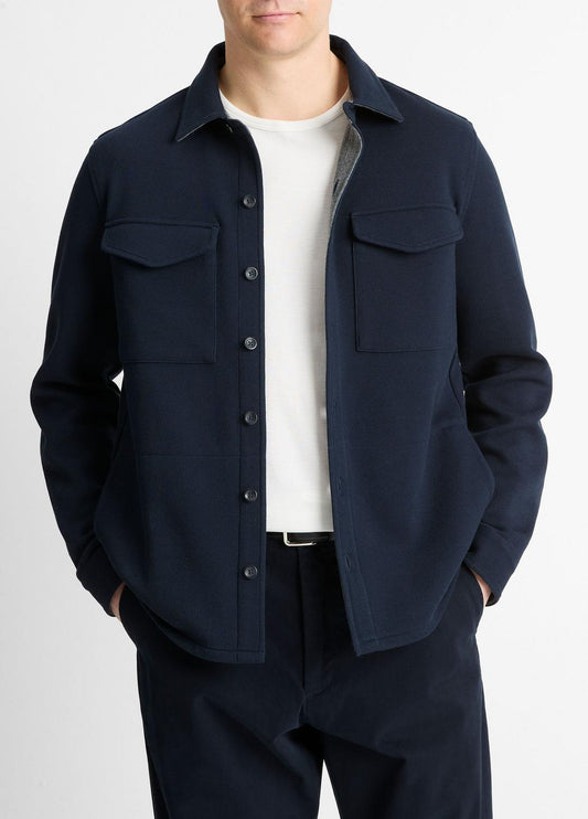 Double-Knit Cotton-Blend Piqué Shirt Jacket in Shirt Jackets - COASTAL BLUE/MEDIUM GREY | VINCE Men