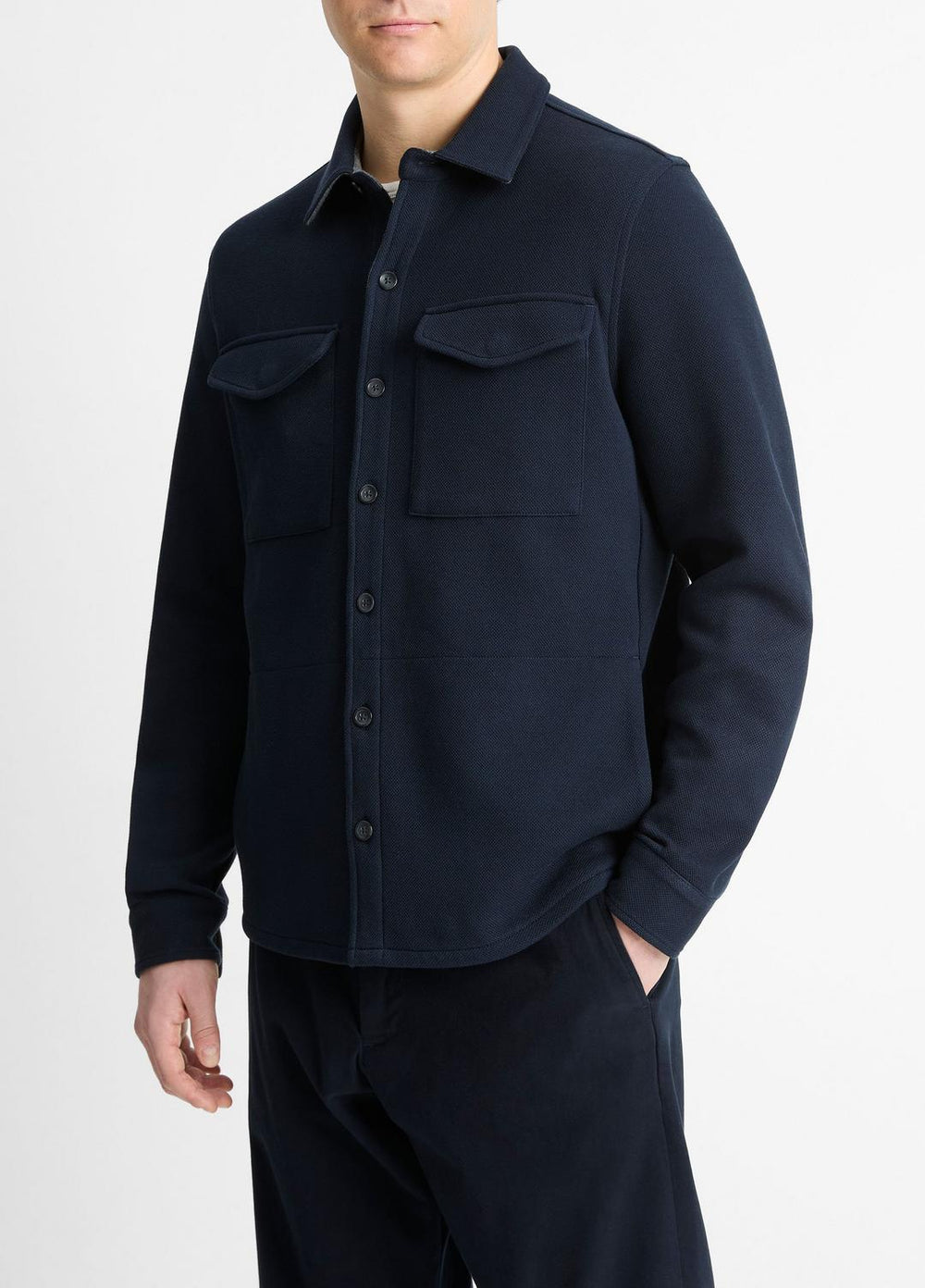 Double-Knit Cotton-Blend Piqué Shirt Jacket in Shirt Jackets - COASTAL BLUE/MEDIUM GREY | VINCE Men