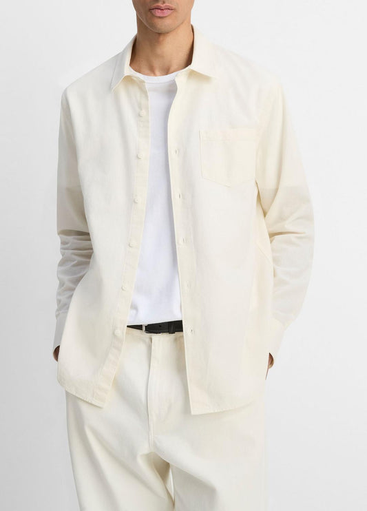 Cotton Chambray Button-Front Shirt in Long Sleeve - OFF WHITE | VINCE Men