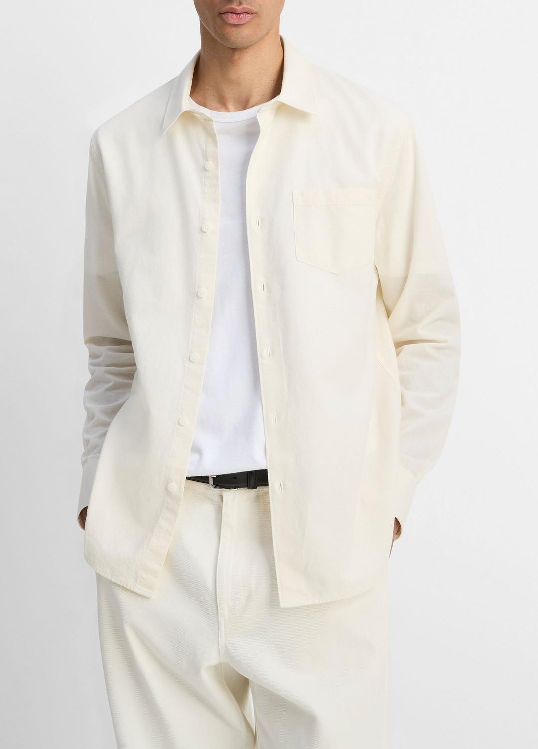 Cotton Chambray Button-Front Shirt in Long Sleeve - OFF WHITE | VINCE Men