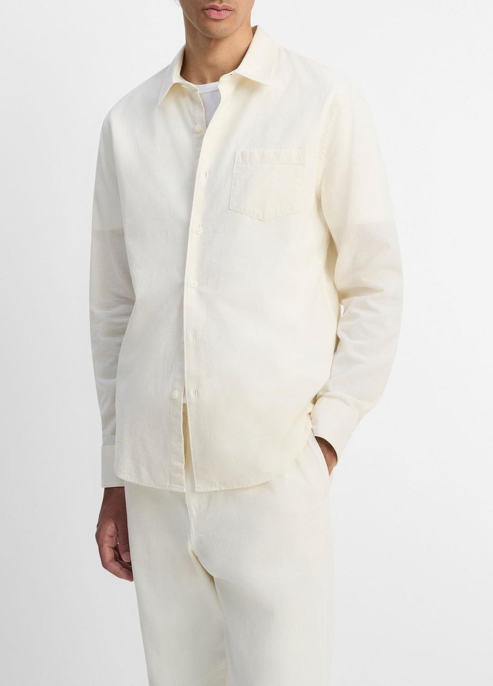 Cotton Chambray Button-Front Shirt in Long Sleeve - OFF WHITE | VINCE Men