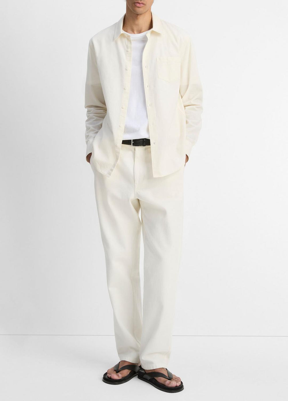 Cotton Chambray Button-Front Shirt in Long Sleeve - OFF WHITE | VINCE Men