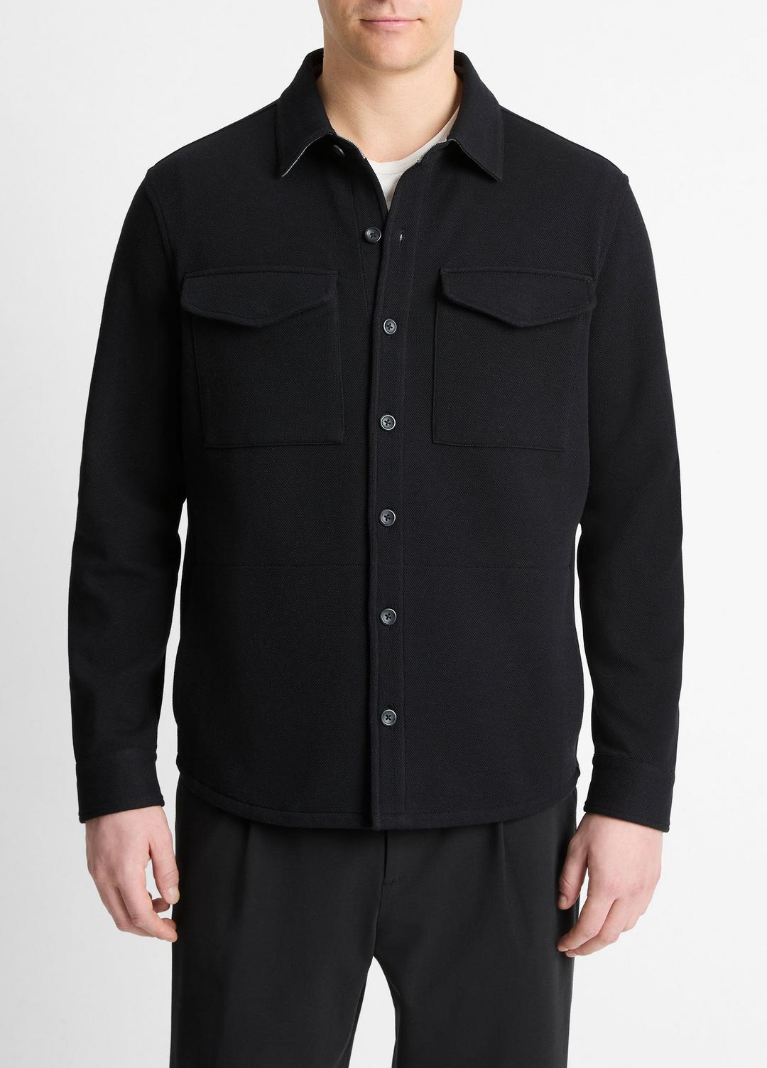 Double-Knit Cotton-Blend Piqué Shirt Jacket in Shirt Jackets - BLACK/MEDIUM HEATHER GREY | VINCE Men