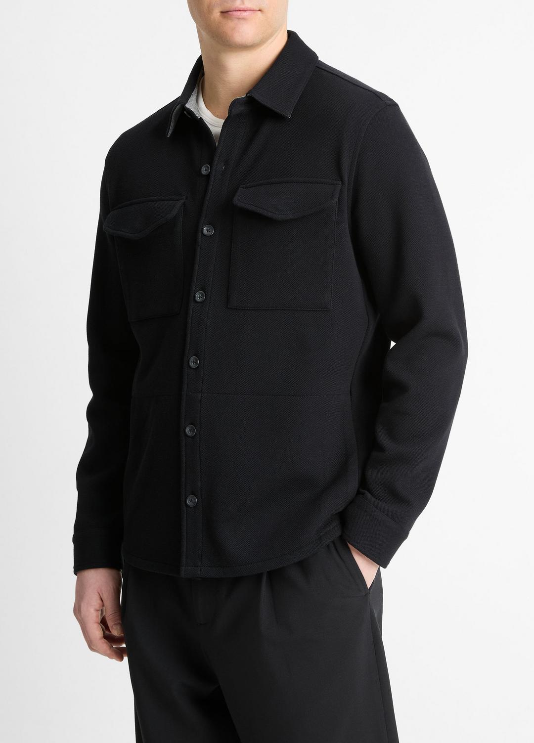 Double-Knit Cotton-Blend Piqué Shirt Jacket in Shirt Jackets - BLACK/MEDIUM HEATHER GREY | VINCE Men