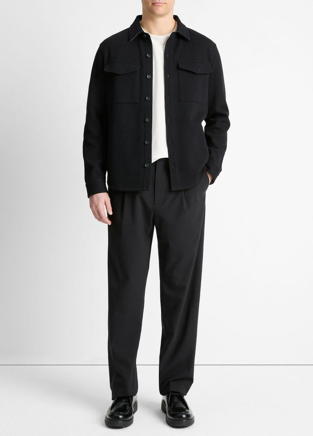 Double-Knit Cotton-Blend Piqué Shirt Jacket in Shirt Jackets - BLACK/MEDIUM HEATHER GREY | VINCE Men