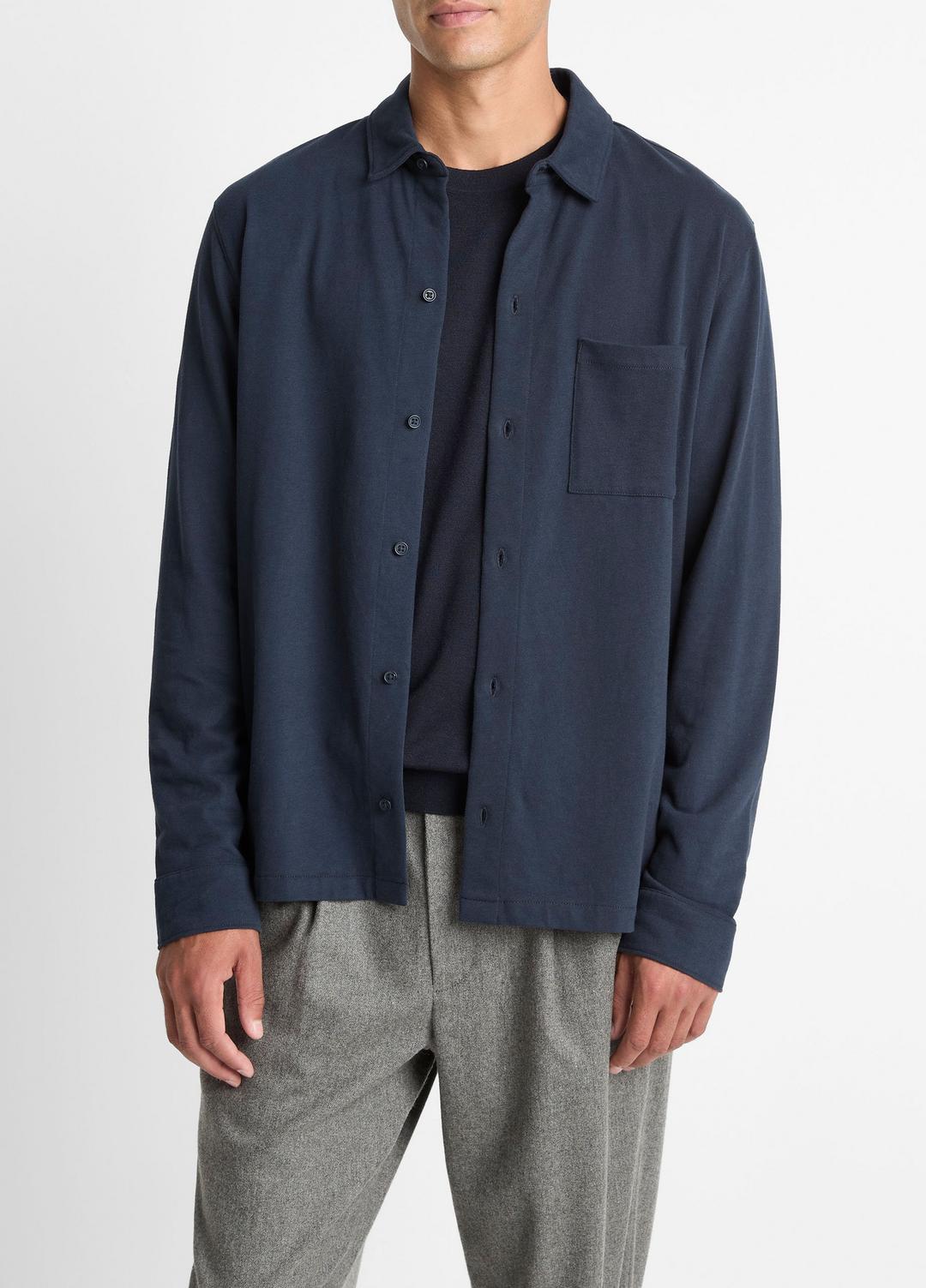 Sueded Cotton Jersey Button-Front Shirt in Long Sleeve - COASTAL BLUE | VINCE Men