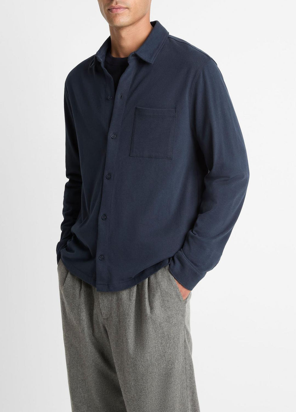 Sueded Cotton Jersey Button-Front Shirt in Long Sleeve - COASTAL BLUE | VINCE Men