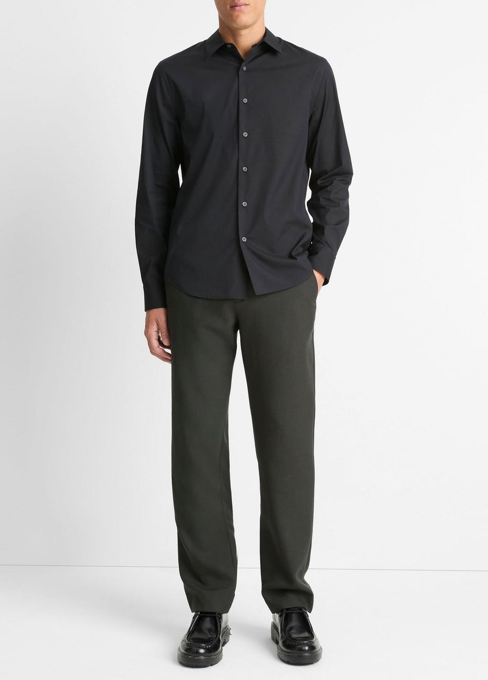 Stretch-Cotton Poplin Shirt in Long Sleeve - BLACK | VINCE Men