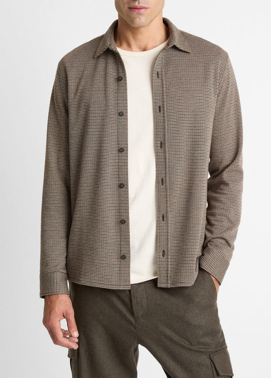 Houndstooth Cotton-Blend Button-Front Shirt in Long Sleeve - DARK ROAST COMBO | VINCE Men