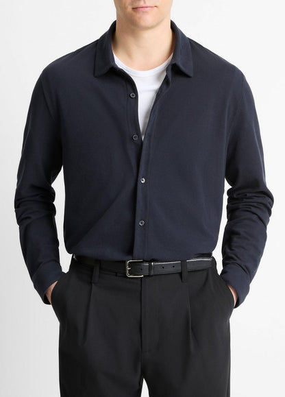 Cotton Piqué Button-Front Shirt in Long Sleeve - COASTAL BLUE | VINCE Men