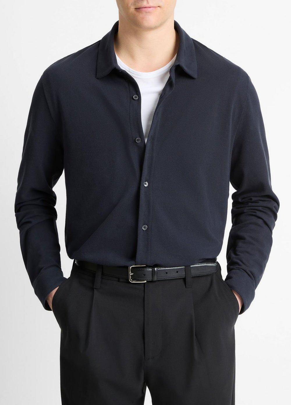 Cotton Piqué Button-Front Shirt in Long Sleeve - COASTAL BLUE | VINCE Men