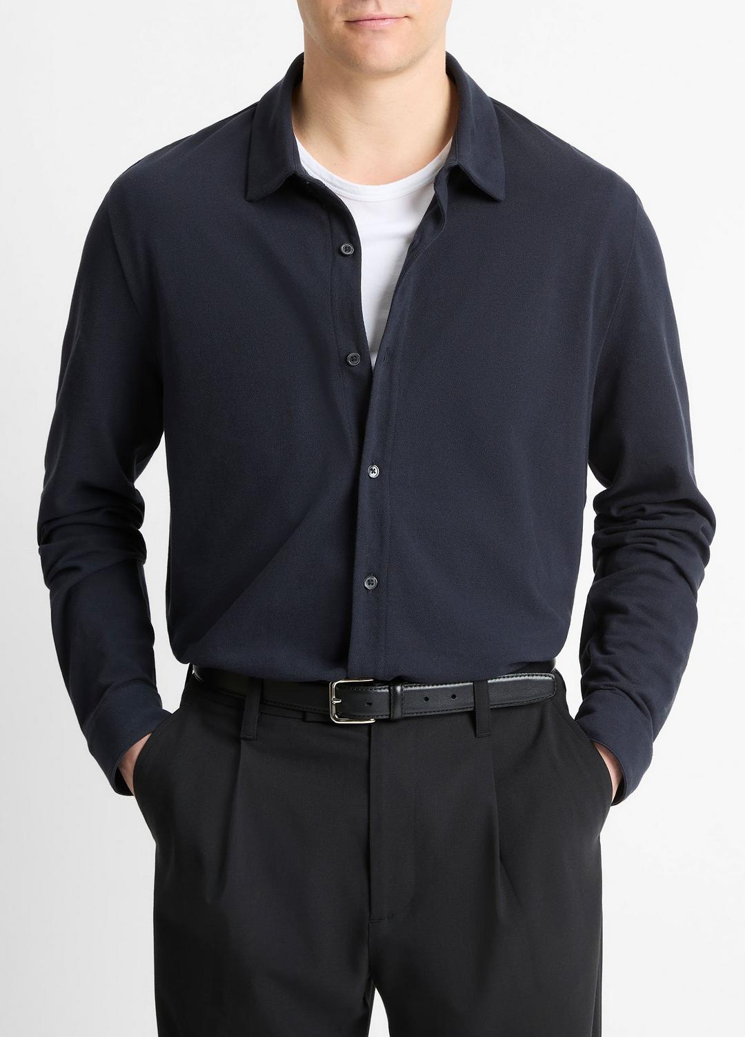Cotton Piqué Button-Front Shirt in Long Sleeve - COASTAL BLUE | VINCE Men