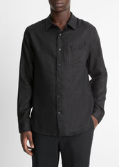 Linen Long-Sleeve Shirt in Long Sleeve - BLACK | VINCE Men