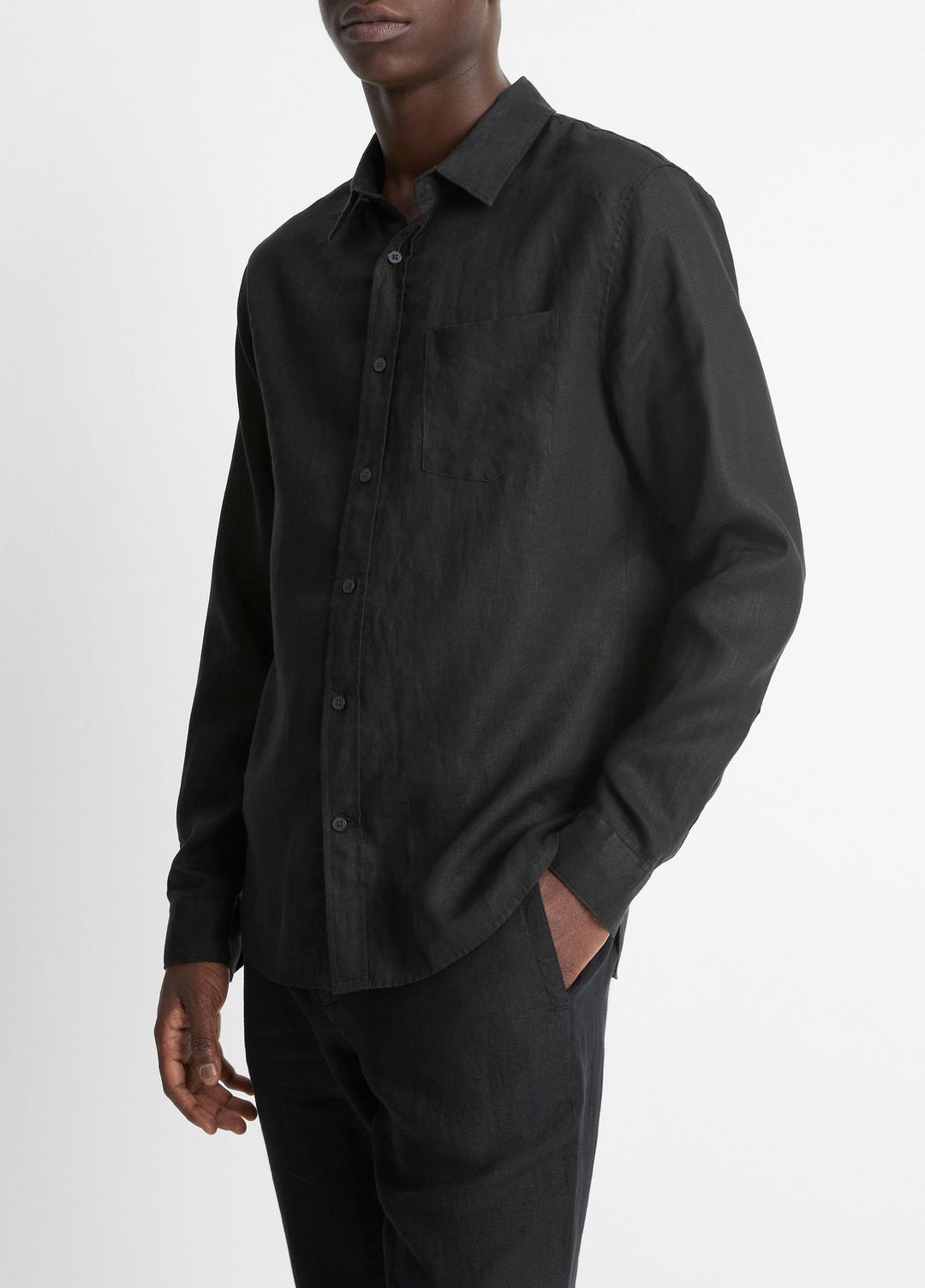 Linen Long-Sleeve Shirt in Long Sleeve - BLACK | VINCE Men