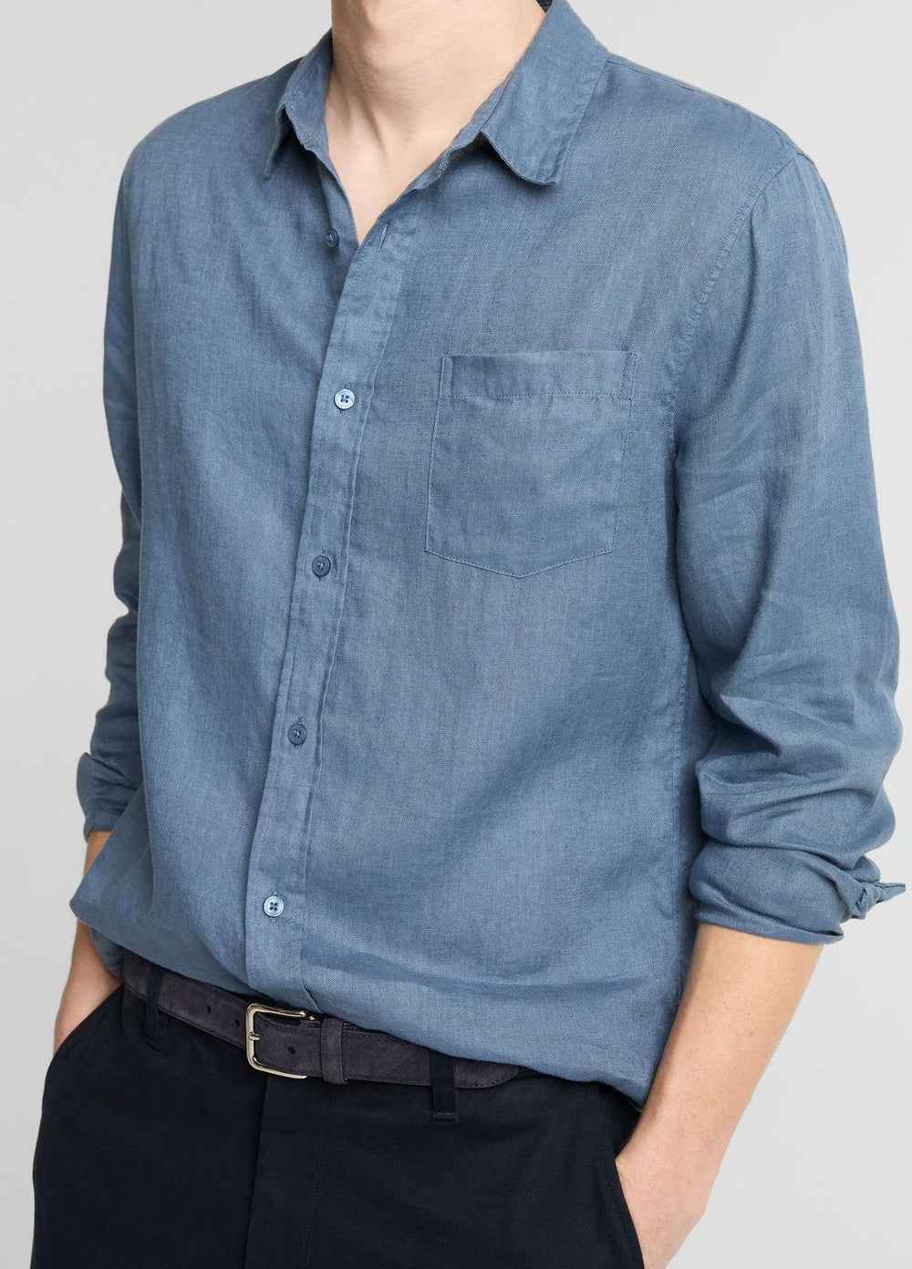 Linen Long-Sleeve Shirt in Long Sleeve - UNIFORM BLUE | VINCE Men