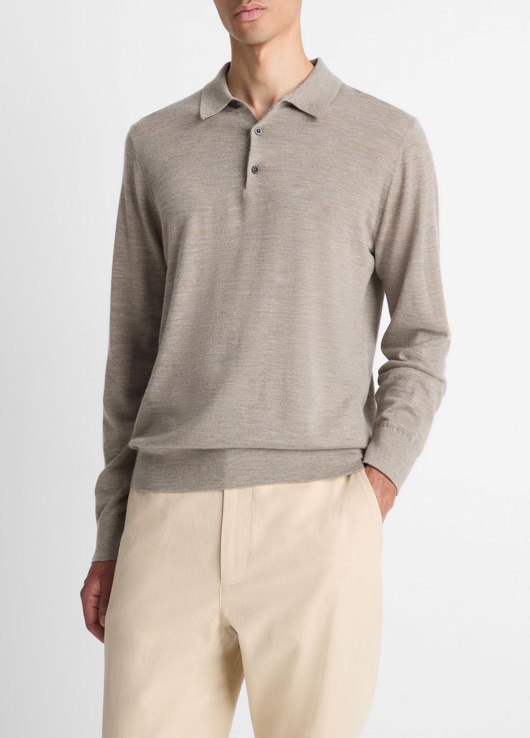 Featherweight Merino Wool-Cashmere Polo Sweater in Long Sleeve - HEATHER SMOKE | VINCE Men