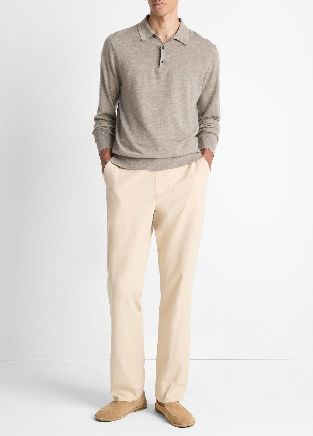 Featherweight Merino Wool-Cashmere Polo Sweater in Long Sleeve - HEATHER SMOKE | VINCE Men