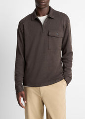 Herringbone Cotton-Blend Zip Polo Shirt in Henleys & Polos - HEATHER DARK ROAST/BLACK | VINCE Men