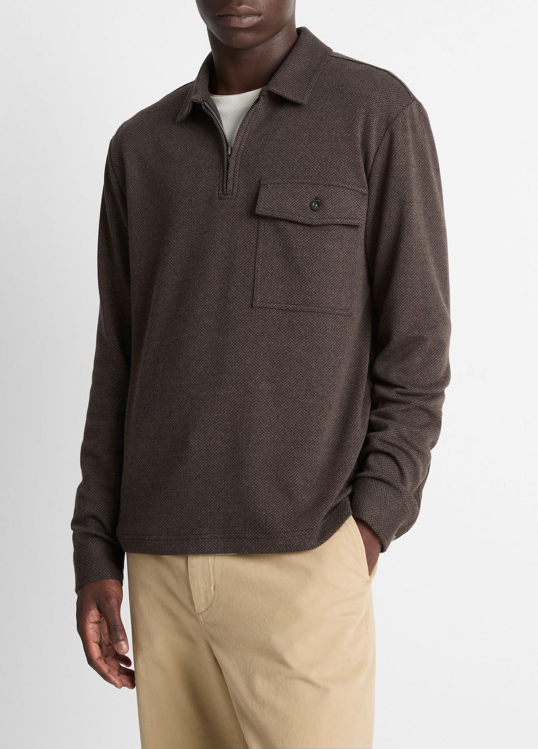 Herringbone Cotton-Blend Zip Polo Shirt in Henleys & Polos - HEATHER DARK ROAST/BLACK | VINCE Men
