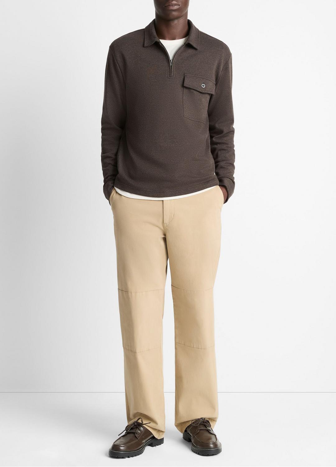 Herringbone Cotton-Blend Zip Polo Shirt in Henleys & Polos - HEATHER DARK ROAST/BLACK | VINCE Men