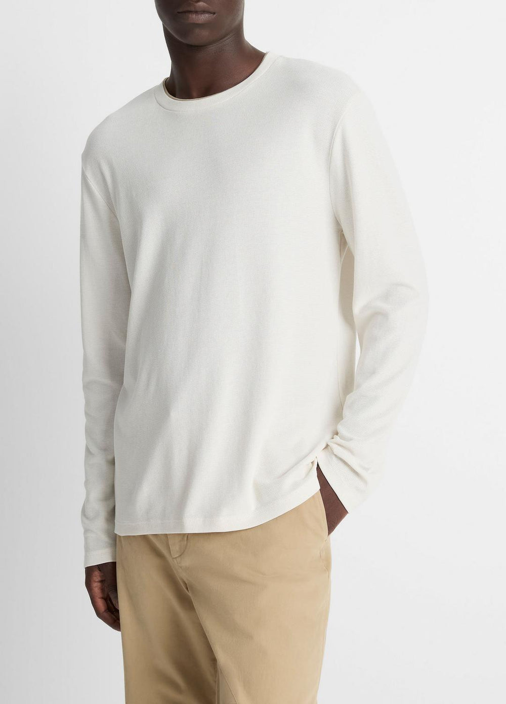 Micro-Waffle Pima Cotton Double-Collar Long-Sleeve T-Shirt in Long Sleeve - BLANCO/TERRAPIN | VINCE Men