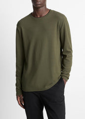 Micro-Waffle Pima Cotton Double-Collar Long-Sleeve T-Shirt in Long Sleeve - DRIVER GREEN/BLACK | VINCE Men