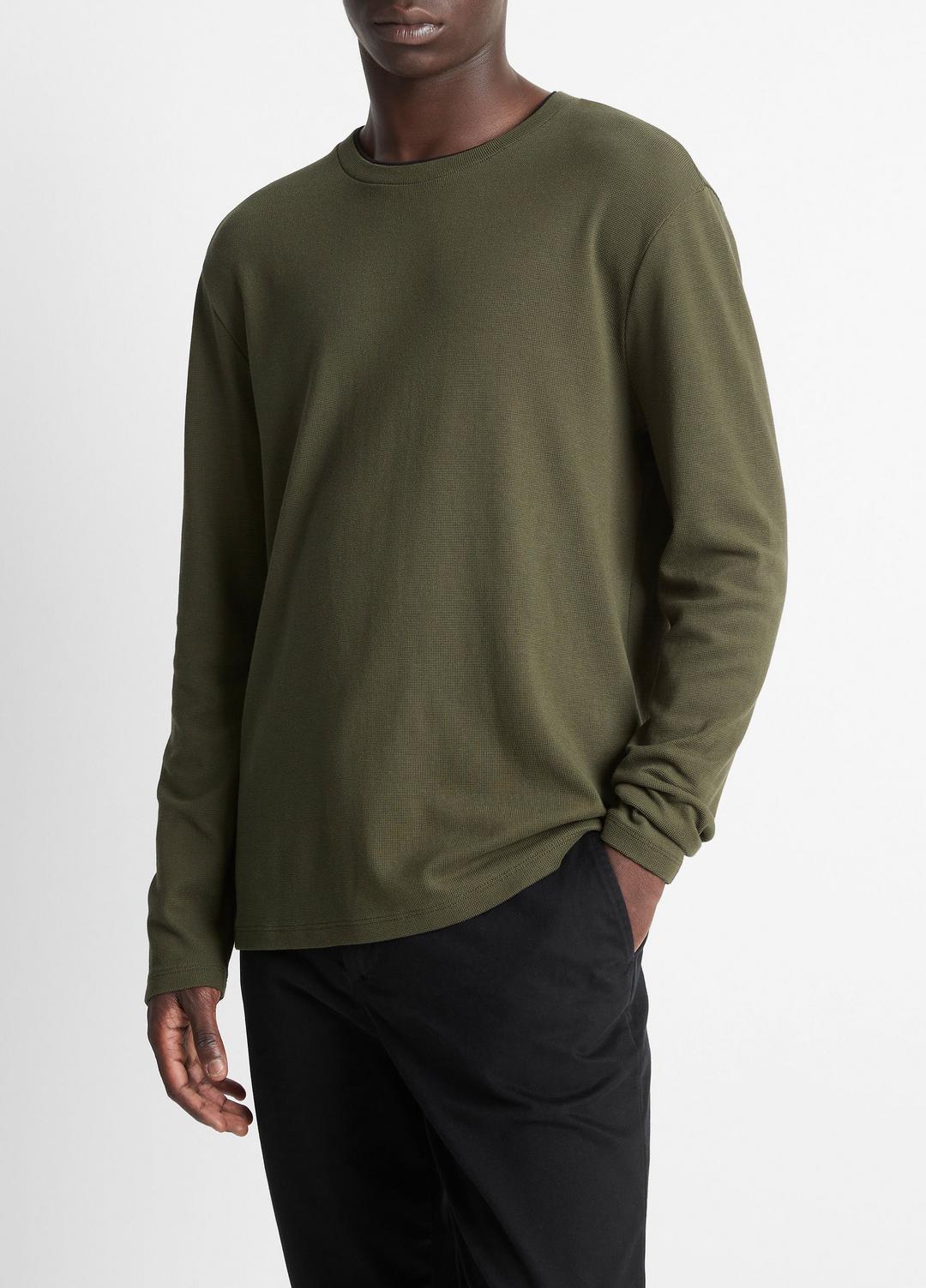 Micro-Waffle Pima Cotton Double-Collar Long-Sleeve T-Shirt in Long Sleeve - DRIVER GREEN/BLACK | VINCE Men