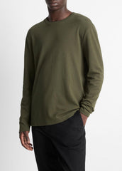 Micro-Waffle Pima Cotton Double-Collar Long-Sleeve T-Shirt in Long Sleeve - DRIVER GREEN/BLACK | VINCE Men
