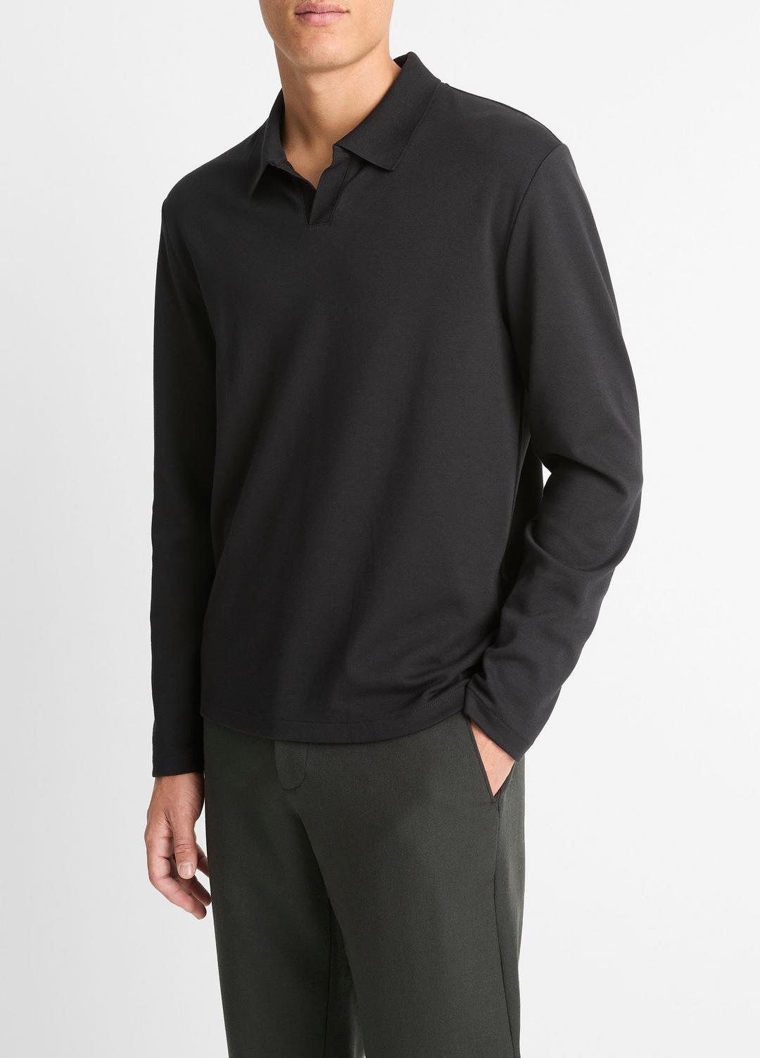 Milano Pima Cotton-Blend Johnny-Collar Shirt in Long Sleeve - BLACK | VINCE Men