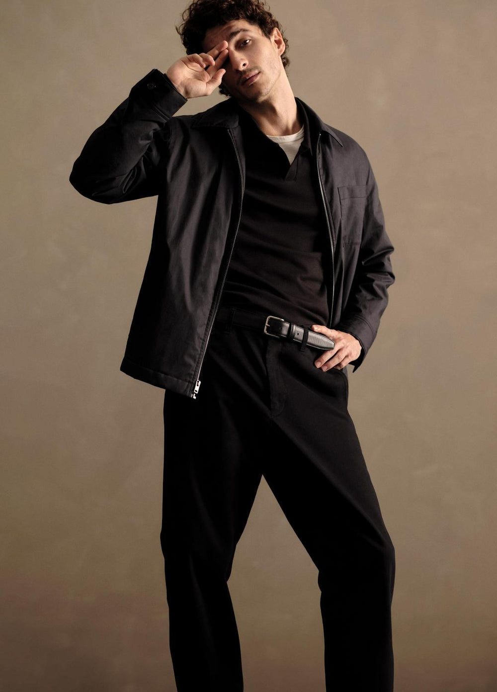 Milano Pima Cotton-Blend Johnny-Collar Shirt in Long Sleeve - BLACK | VINCE Men