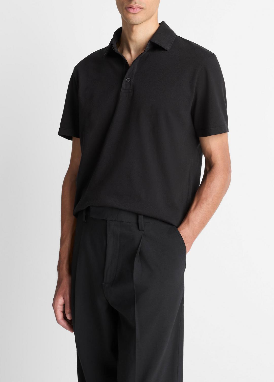 Garment Dye Cotton Polo Shirt in Short Sleeve - TRUE BLACK | VINCE Men