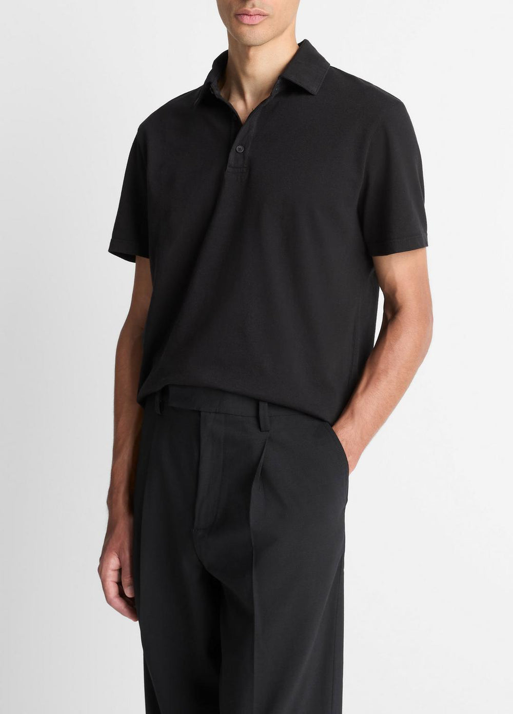 Garment Dye Cotton Polo Shirt in Short Sleeve - TRUE BLACK | VINCE Men