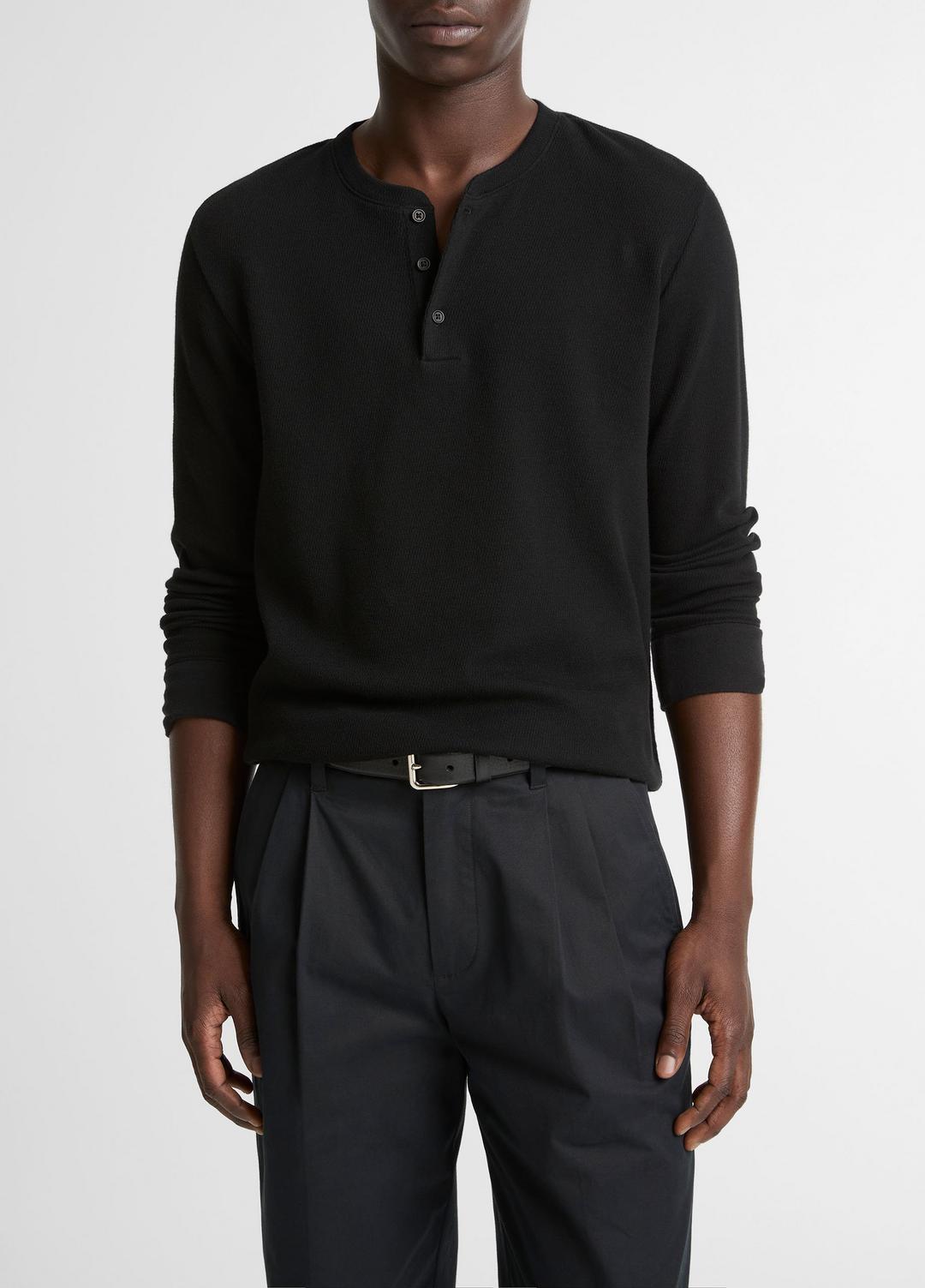 Jacquard-Rib Cotton Henley in Long Sleeve - BLACK | VINCE Men