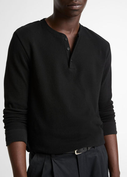 Jacquard-Rib Cotton Henley in Long Sleeve - BLACK | VINCE Men