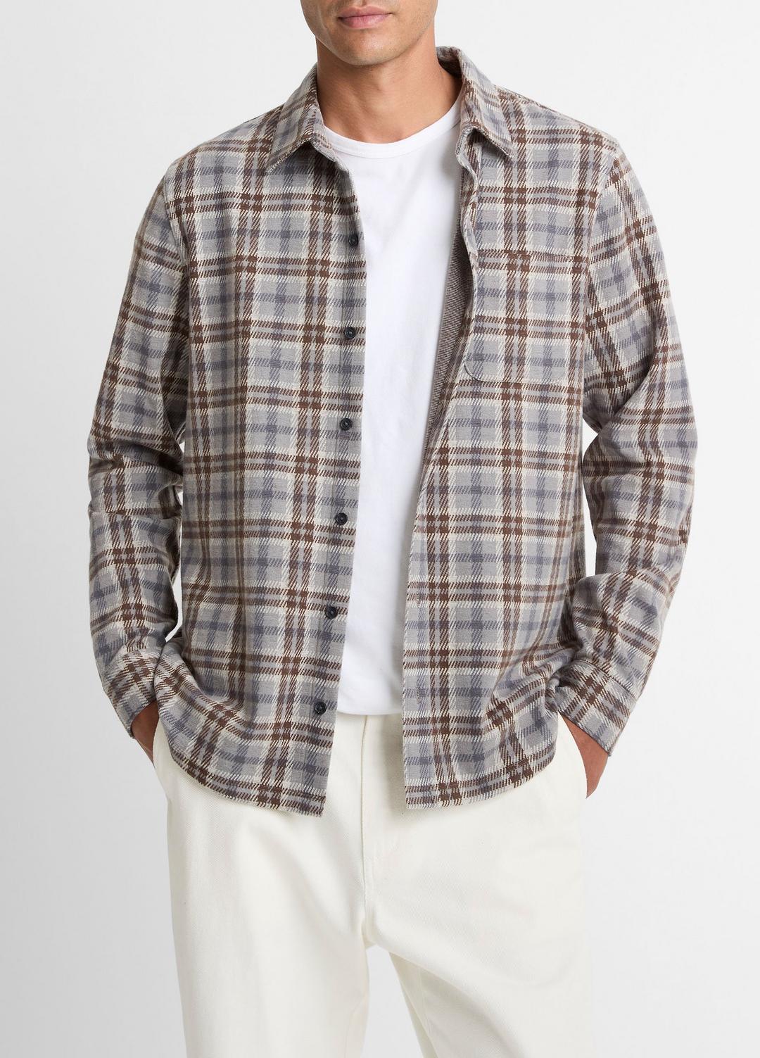 Plaid Cotton-Blend Shirt Jacket in Shirt Jackets - HEATHER FOG COMBO | VINCE Men