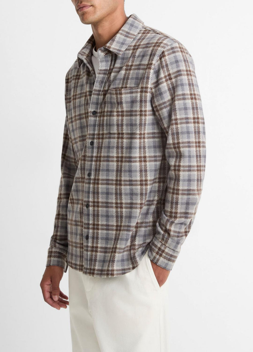 Plaid Cotton-Blend Shirt Jacket in Shirt Jackets - HEATHER FOG COMBO | VINCE Men