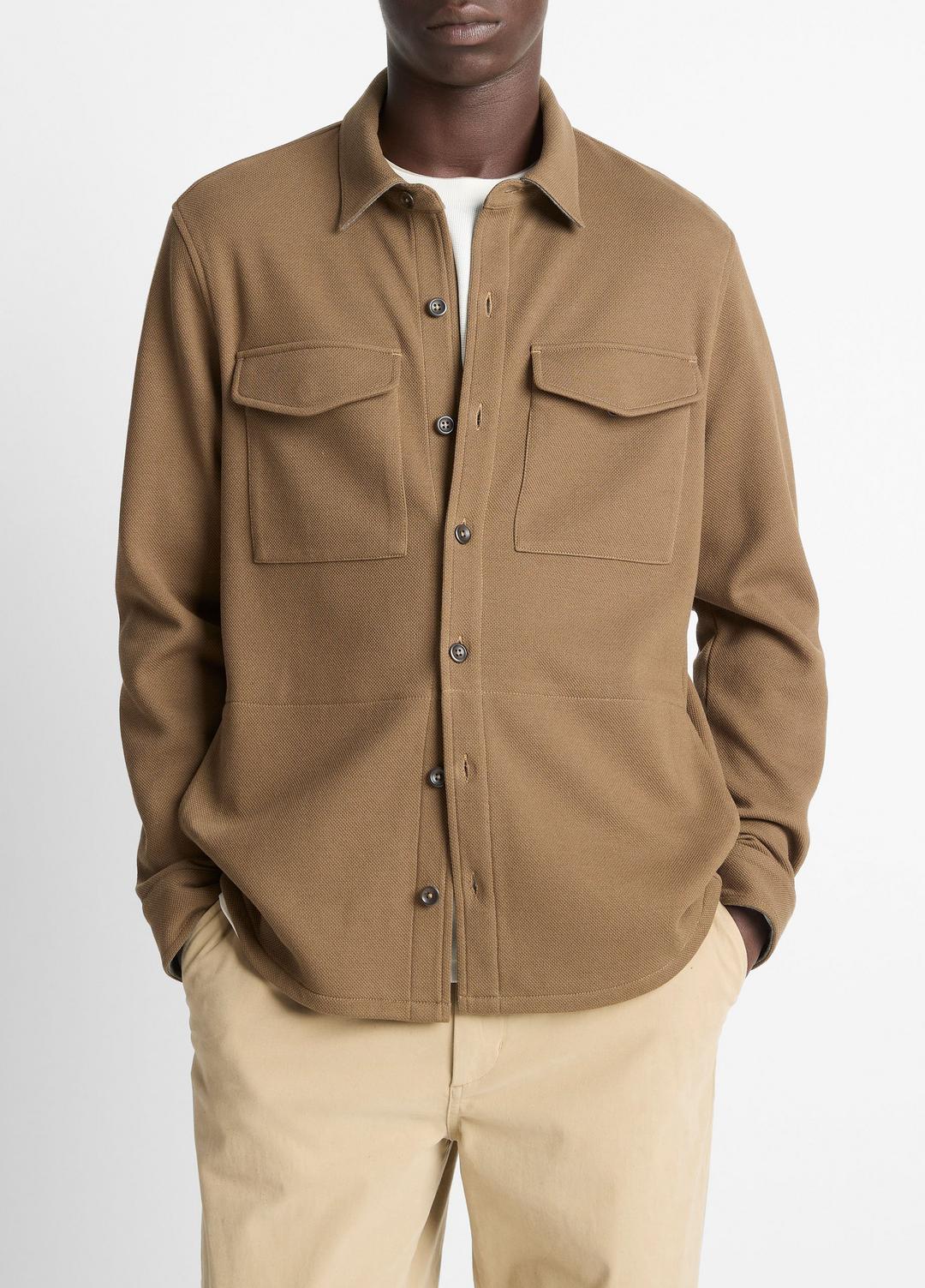 Double-Knit Cotton-Blend Piqué Shirt Jacket in Shirt Jackets - HIGHLANDS/MEDIUM HEATHER GREY | VINCE Men