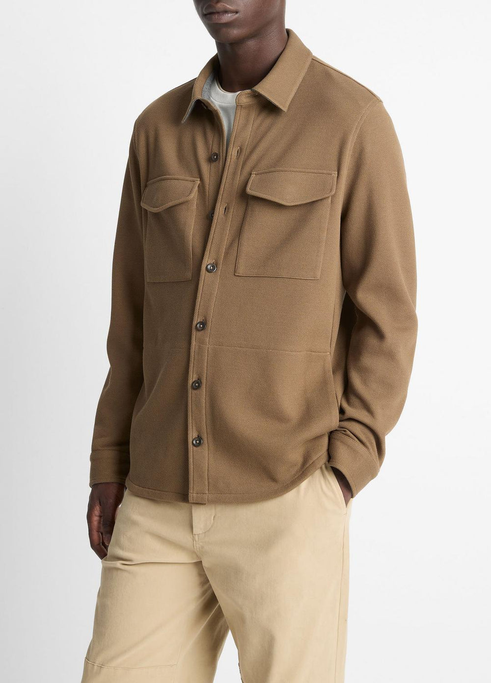 Double-Knit Cotton-Blend Piqué Shirt Jacket in Shirt Jackets - HIGHLANDS/MEDIUM HEATHER GREY | VINCE Men