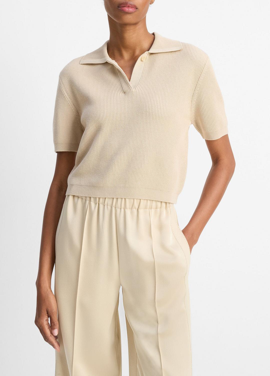 Ribbed Silk-Cotton Polo Sweater in Sweaters - PALE CANYON | VINCE Sale