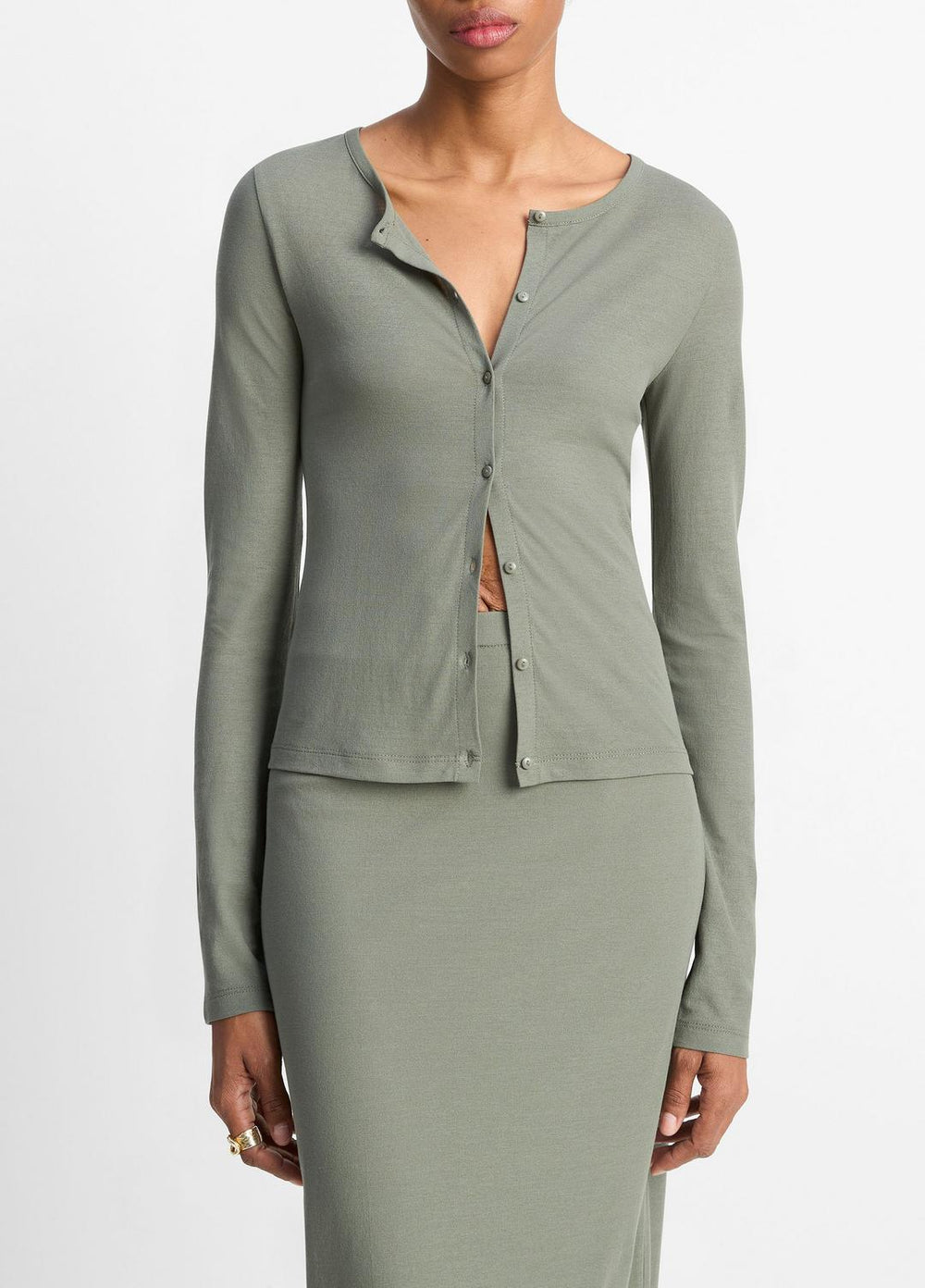 Cotton Crepe Jersey Cardigan in Shirts & Tees - CLAY SAGE | VINCE Sale
