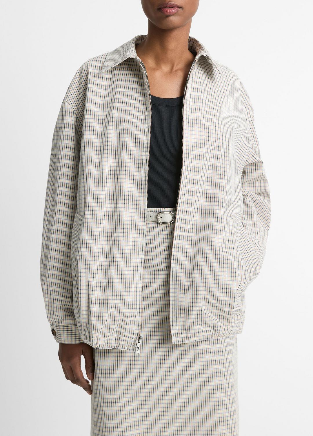 Gardener's Check Cotton Oversized Bomber Jacket in Jackets & Outerwear - STONE/TAN | VINCE Sale
