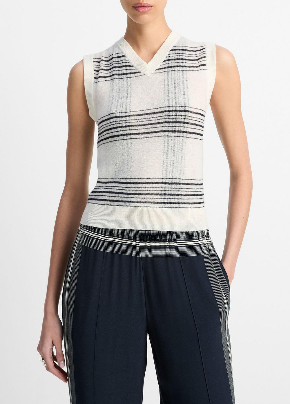 Featherweight Plaid Wool Sweater Vest in Sweaters - OFF WHITE/COASTAL BLUE | VINCE Sale