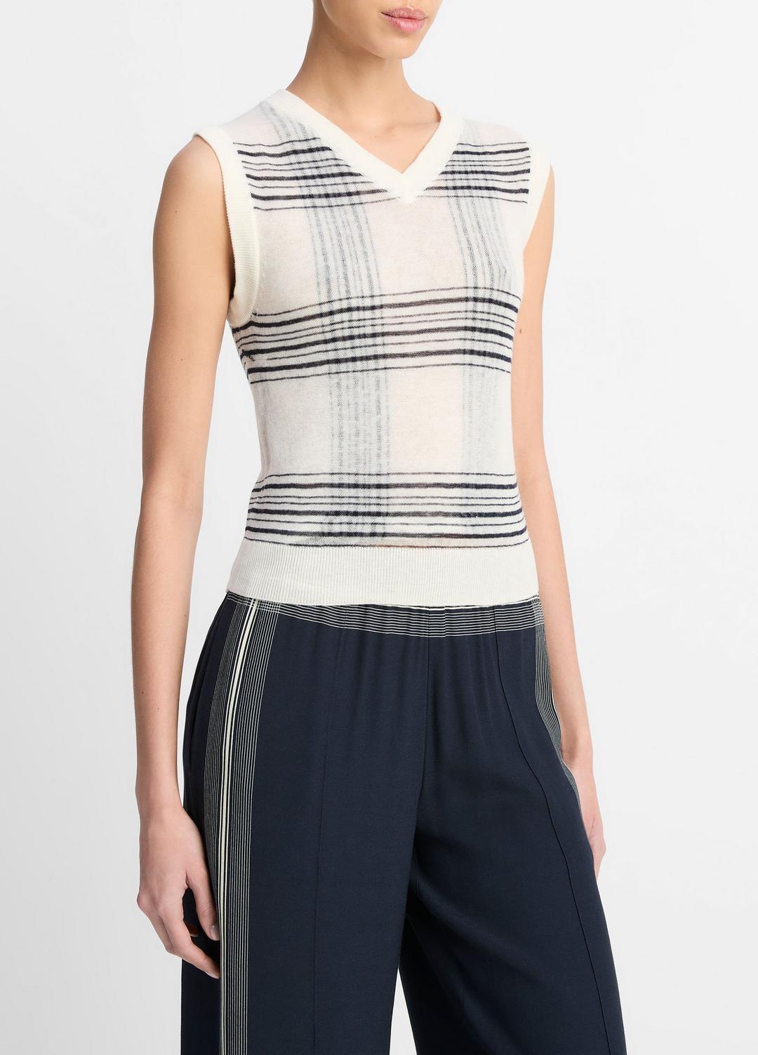 Featherweight Plaid Wool Sweater Vest in Sweaters - OFF WHITE/COASTAL BLUE | VINCE Sale