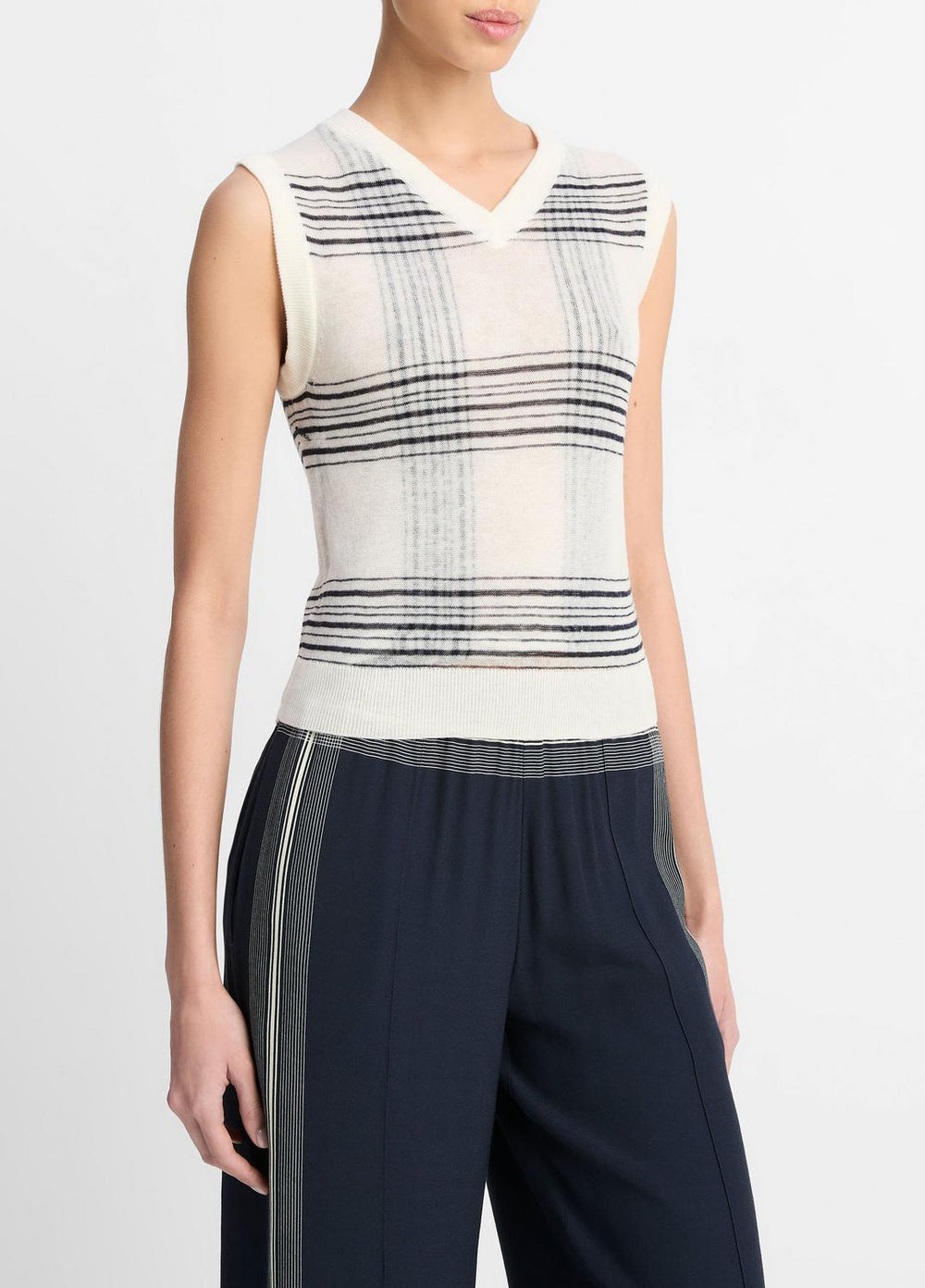 Featherweight Plaid Wool Sweater Vest in Sweaters - OFF WHITE/COASTAL BLUE | VINCE Sale