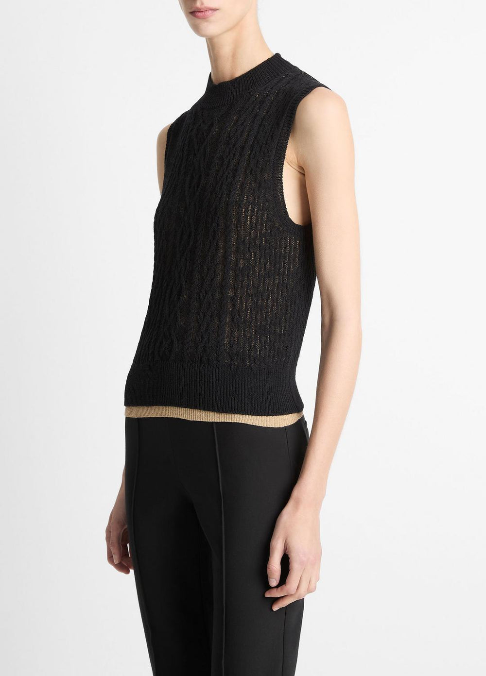 Cable Cotton-Blend Double-Layer Shell in Sweaters - BLACK/GOLD CLIFF | VINCE Sale