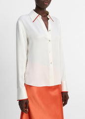 Tipped Silk Button-Front Blouse in Shirts & Tees - OFF WHITE/BRICK ROSE | VINCE Sale