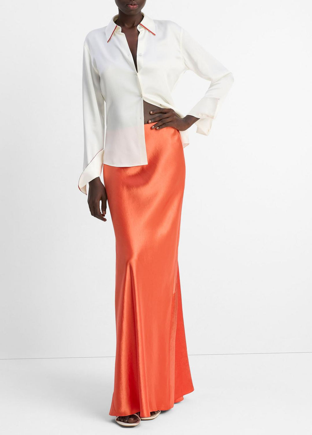 Tipped Silk Button-Front Blouse in Shirts & Tees - OFF WHITE/BRICK ROSE | VINCE Sale