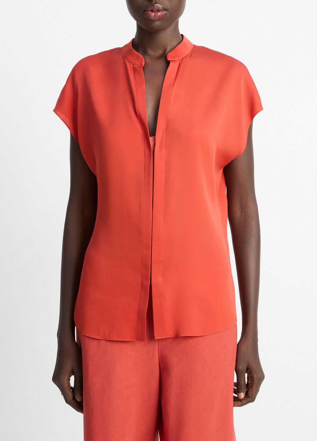 Contrast-Placket Stretch-Silk Cap-Sleeve Blouse in Shirts & Tees - BRICK ROSE/RED | VINCE Sale
