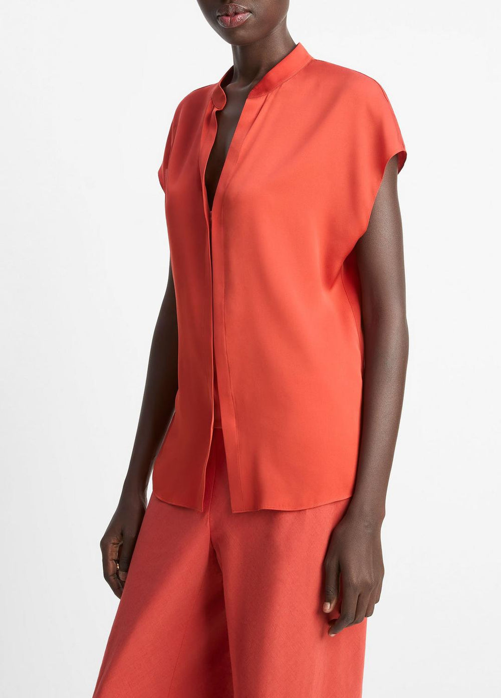 Contrast-Placket Stretch-Silk Cap-Sleeve Blouse in Shirts & Tees - BRICK ROSE/RED | VINCE Sale