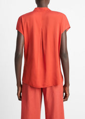 Contrast-Placket Stretch-Silk Cap-Sleeve Blouse in Shirts & Tees - BRICK ROSE/RED | VINCE Sale